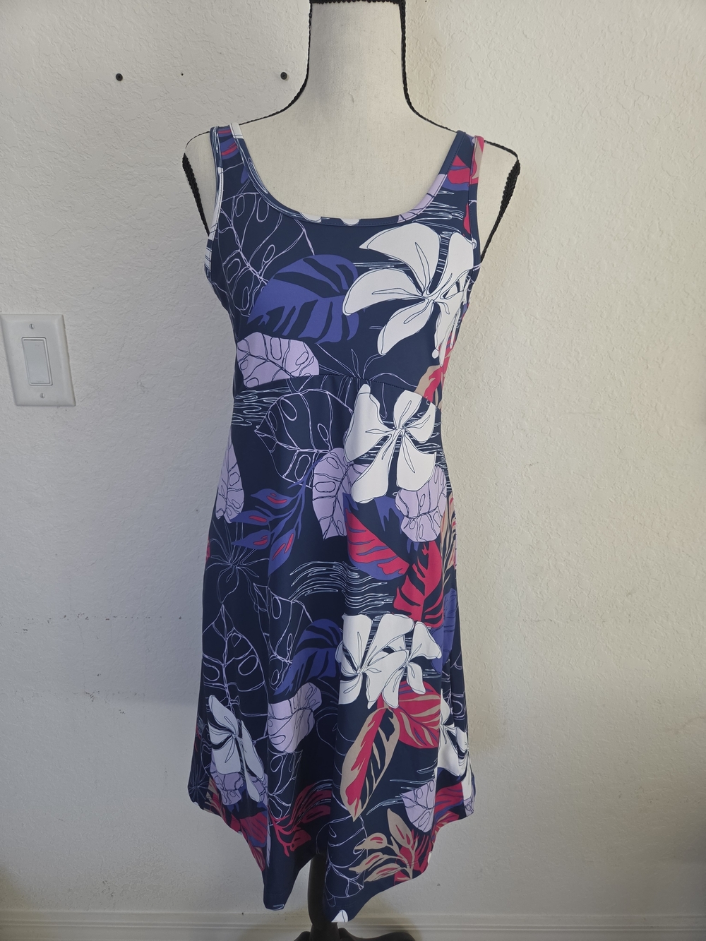 Columbia PFG Tropical Floral Print Tank Dress Size S Navy Blue Sun Protection